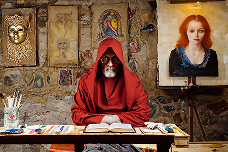 Simon Vitsonnet devant un livre dans son atelier